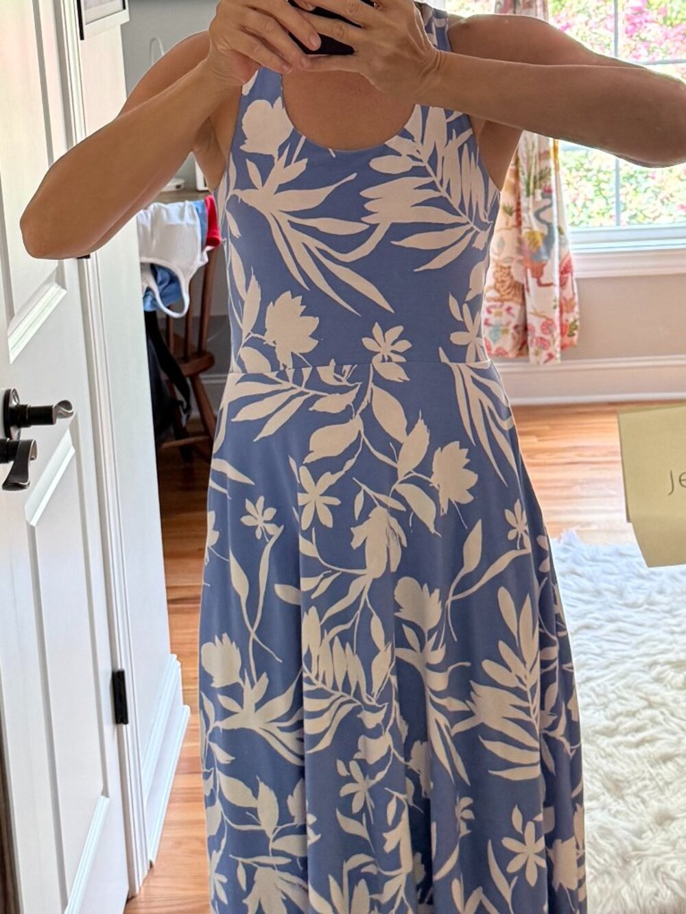 Pact Floral Fit & Flare Open Back Maxi Dress Tropical Palm Wedgewood Blue Small